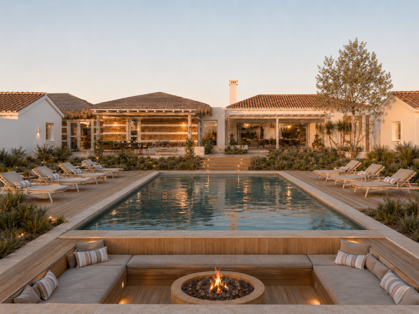 CGI render of the villa's pool, sunken firepit lounge and main house at dusk