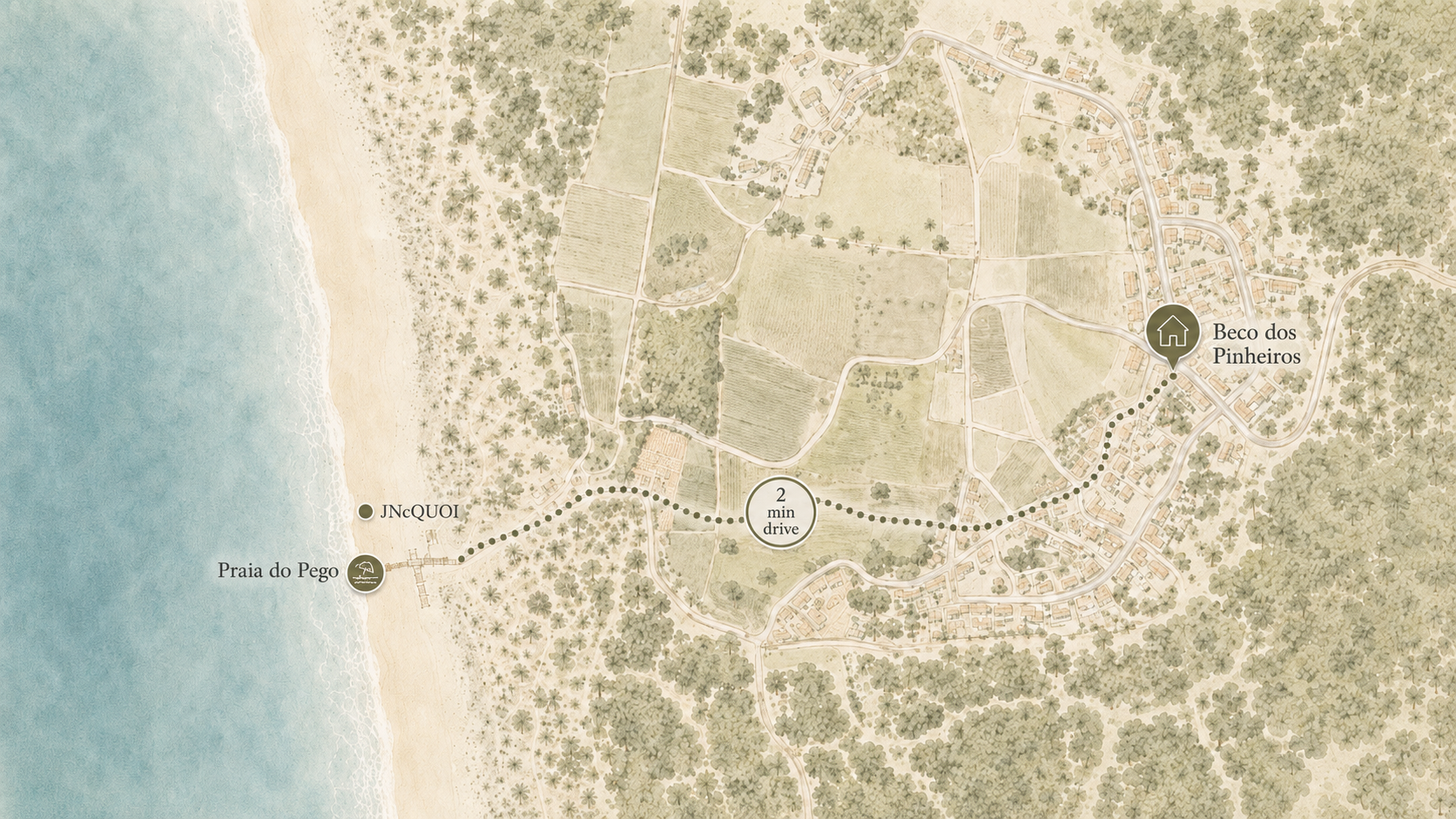 Map of the Pego radius showing Praia do Pego, JNcQUOI Beach Club, and the two-minute drive to Beco dos Pinheiros.