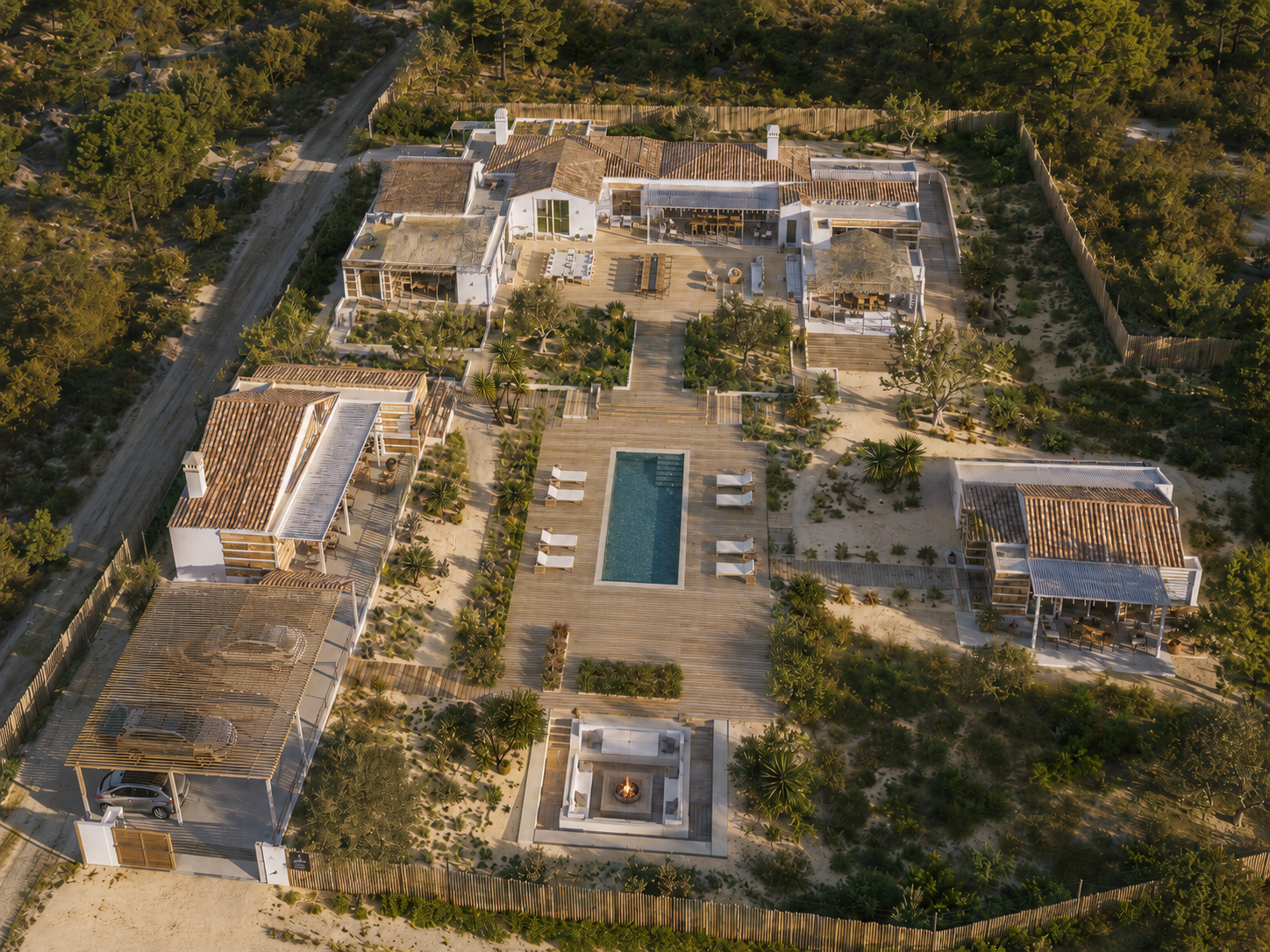 CGI aerial render of the proposed villa, pool court, and outbuildings on the Beco dos Pinheiros plot
