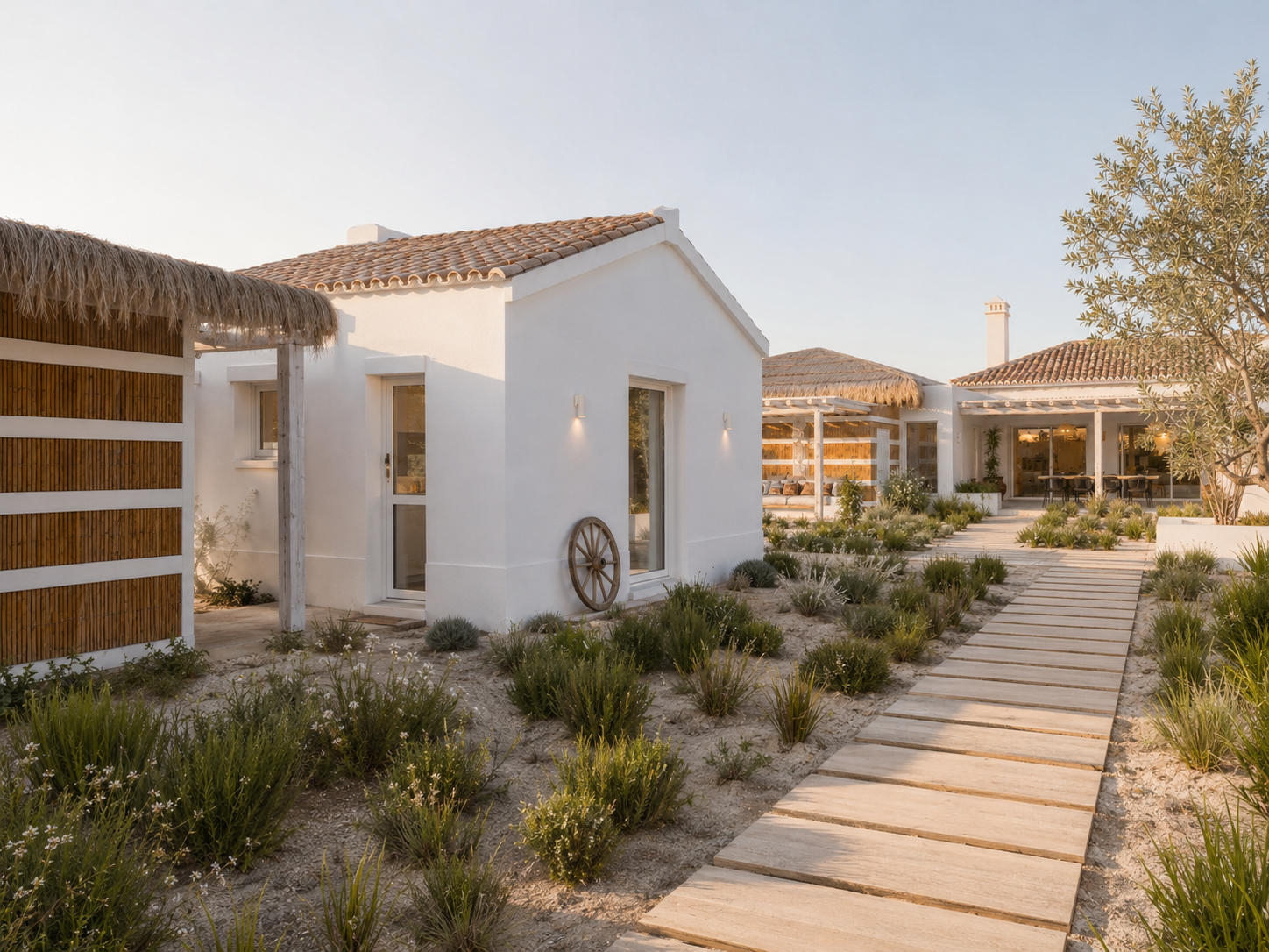 CGI render of the landscaped arrival path leading through the villa grounds