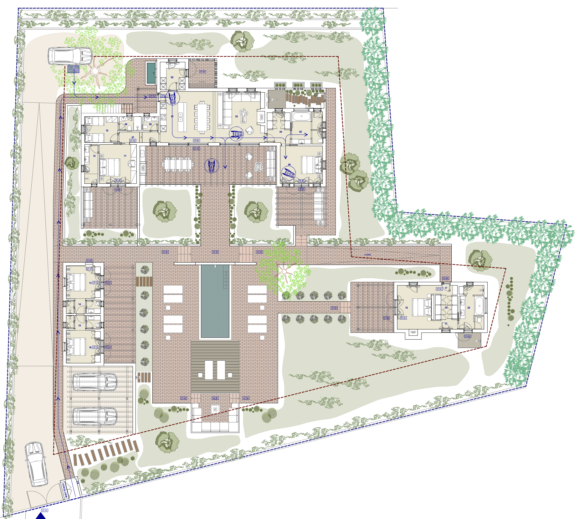 Hand-drawn site plan of villa and grounds