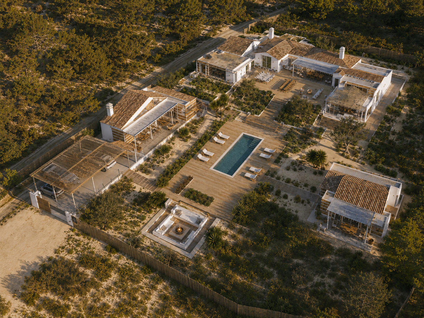 Aerial view of a low-slung Comporta villa nestled among pine trees with a long pool and wooden decking