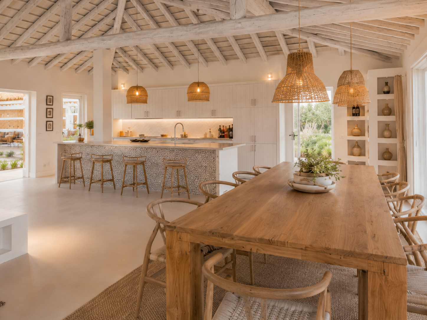 CGI render of the kitchen island and dining table beneath whitewashed timber vaulted ceilings